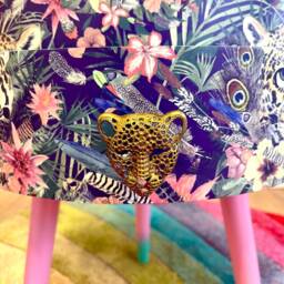 Pink Side Table, Mint Green Leopard & Floral Design. Wooden Table With Drawer. Round Nightstand For Bedroom - thumbnail 4