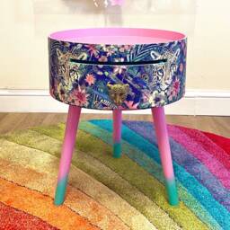 Pink Side Table, Mint Green Leopard & Floral Design. Wooden Table With Drawer. Round Nightstand For Bedroom