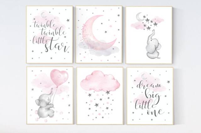 Elephant Nursery Decor Moon, Stars, Clouds Girl Room Wall Art - image 1