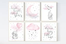 Elephant Nursery Decor Moon, Stars, Clouds Girl Room Wall Art - thumbnail 1