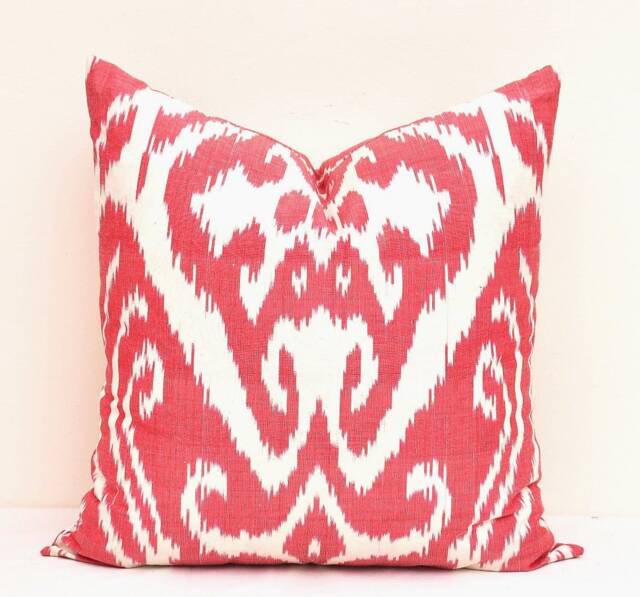 Red Ikat Pillow Cover, Handloom Silk Cotton Cushion - 20x20 In - image 1