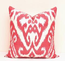 Red Ikat Pillow Cover, Handloom Silk Cotton Cushion - 20x20 In - thumbnail 1