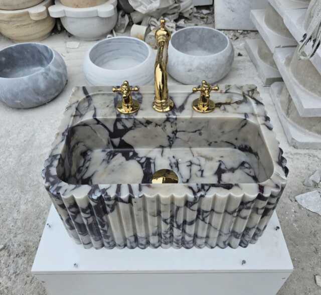 Handcarved Calacatta Viola Marble Sink, Ribbed Bathroom Vanity - image 1