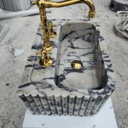 Handcarved Calacatta Viola Marble Sink, Ribbed Bathroom Vanity - thumbnail 4