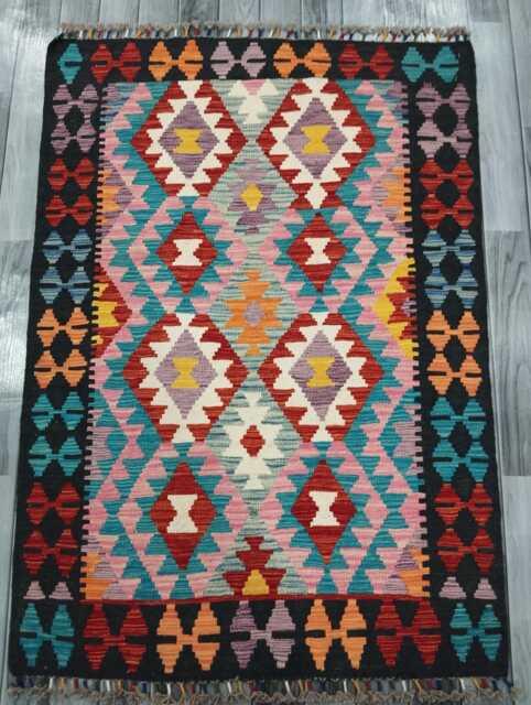 Multicolour Rug, Handmade Artisan Afghan Turkish Scandinavian Navajo Bohemian Flatweave Wool Kilim 141x99 cm - image 1