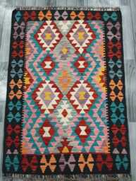Multicolour Rug, Handmade Artisan Afghan Turkish Scandinavian Navajo Bohemian Flatweave Wool Kilim 141x99 cm - thumbnail 1