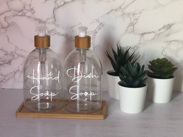 Personalised Clear Bell Soap Dispenser Bottle With White Bamboo Pump 500Ml - image 1
