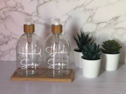 Personalised Clear Bell Soap Dispenser Bottle With White Bamboo Pump 500Ml