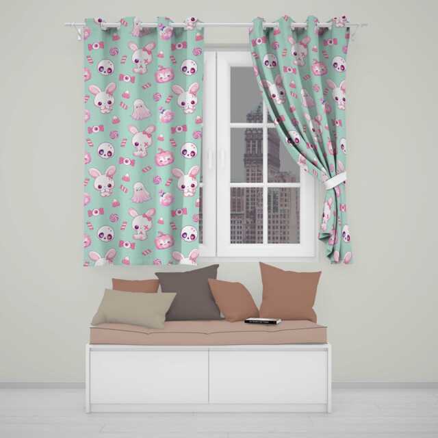 Cute Halloween Bunny Ghost Candy Pumpkin Seamless Pattern Teal Background Readymade Eyelet Ring Top Thermal 100% Blackout Curtains - image 1