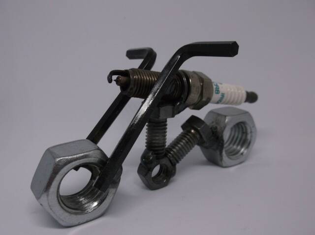 Motorcycle, Up Cycled Spark Plug Bike, Recycled Metal Miniature Motorbike Model - image 1