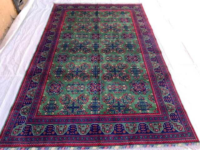 6x10 Handwoven Green Afghan Bukhara Rug Geometric Wool Tribal Carpet, Bedroom Boho Decor - image 1
