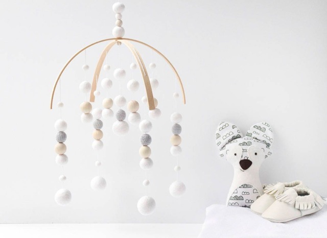 White & Grey Baby Mobile - Gender Neutral Felt Pom Crib Minimalist Wool Ball Nursery Cot Wooden Arch Ceiling - image 1