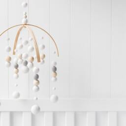 White & Grey Baby Mobile - Gender Neutral Felt Pom Crib Minimalist Wool Ball Nursery Cot Wooden Arch Ceiling - thumbnail 2