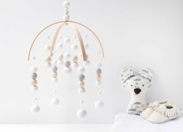 White & Grey Baby Mobile - Gender Neutral Felt Pom Crib Minimalist Wool Ball Nursery Cot Wooden Arch Ceiling