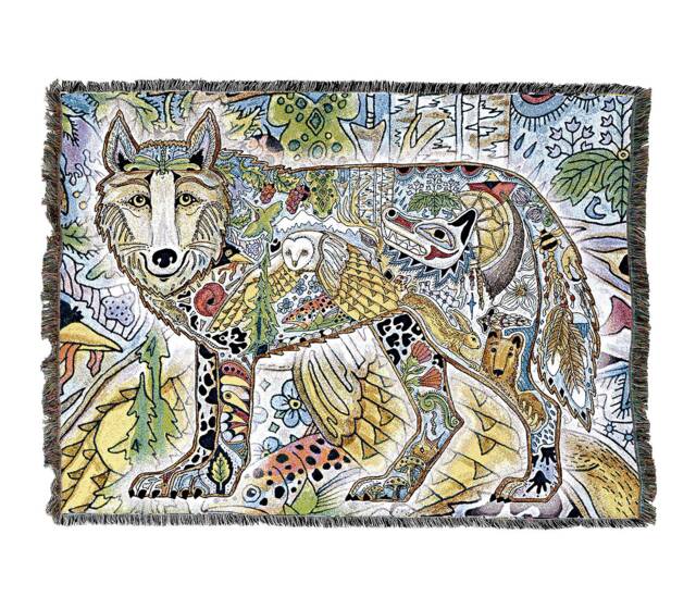 Wild Wolf Woven Tapestry Blanket, Native American Inspired, Pacific Northwest Totem Throw By Sue Coccia 100% Cotton Made in Usa 72x54 - image 1