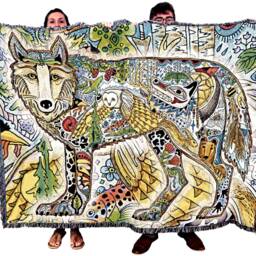 Wild Wolf Woven Tapestry Blanket, Native American Inspired, Pacific Northwest Totem Throw By Sue Coccia 100% Cotton Made in Usa 72x54 - thumbnail 2