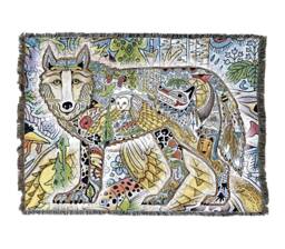 Wild Wolf Woven Tapestry Blanket, Native American Inspired, Pacific Northwest Totem Throw By Sue Coccia 100% Cotton Made in Usa 72x54 - thumbnail 1
