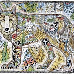 Wild Wolf Woven Tapestry Blanket, Native American Inspired, Pacific Northwest Totem Throw By Sue Coccia 100% Cotton Made in Usa 72x54 - thumbnail 3