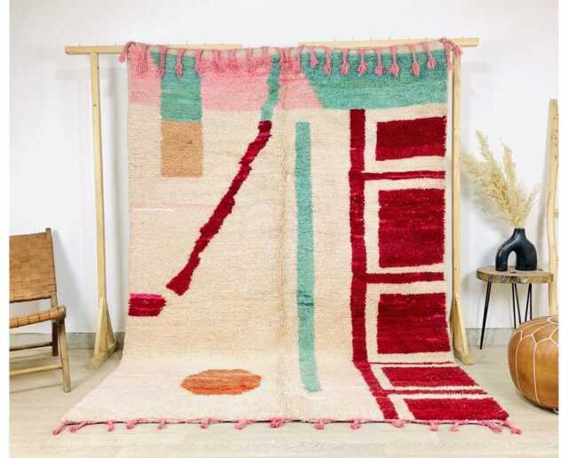 Large Area Moroccan Rug, Handmade Berber Shag Bold Red & Mint Green Abstract Design, 9x12 Rug - image 1