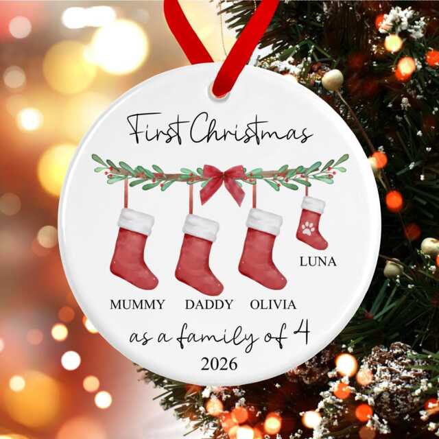 First Christmas As A Family Of 2, 3, 4, 5, 6, 7, 8 Names Bauble - Personalised Ceramic Red Stockings Ornament Decoration Dog Cat - image 1