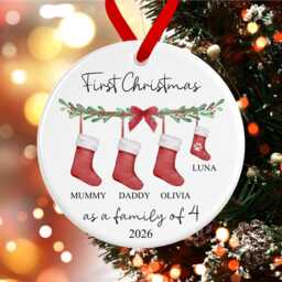 First Christmas As A Family Of 2, 3, 4, 5, 6, 7, 8 Names Bauble - Personalised Ceramic Red Stockings Ornament Decoration Dog Cat - thumbnail 1