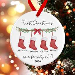 First Christmas As A Family Of 2, 3, 4, 5, 6, 7, 8 Names Bauble - Personalised Ceramic Red Stockings Ornament Decoration Dog Cat - thumbnail 2