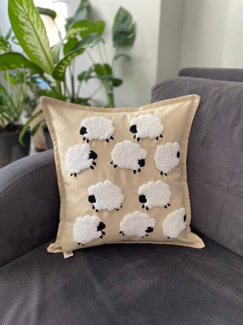 Handmade Sheep Punch Needle Pillow Cover Linen Tufted Throw - image 1
