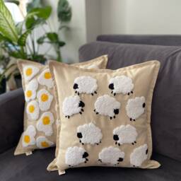 Handmade Sheep Punch Needle Pillow Cover Linen Tufted Throw - thumbnail 4