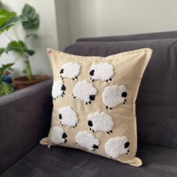Handmade Sheep Punch Needle Pillow Cover Linen Tufted Throw - thumbnail 2