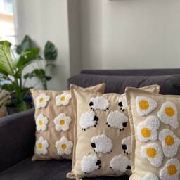 Handmade Sheep Punch Needle Pillow Cover Linen Tufted Throw - thumbnail 3
