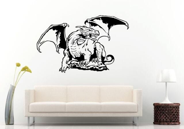 Fire Dragon Tribal Long Tail Angry Open Mouth Wings Doodle Sitting On A Rock Wall Decal Vinyl Sticker Mural Room Decor L772 - image 1