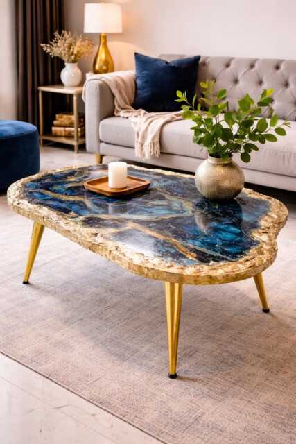 Art Coffee Table, Handmade Epoxy Resin Turquoise Side Table , Modern Home Decor Gold Legs - image 1