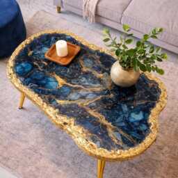Art Coffee Table, Handmade Epoxy Resin Turquoise Side Table , Modern Home Decor Gold Legs - thumbnail 3