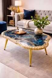 Art Coffee Table, Handmade Epoxy Resin Turquoise Side Table , Modern Home Decor Gold Legs