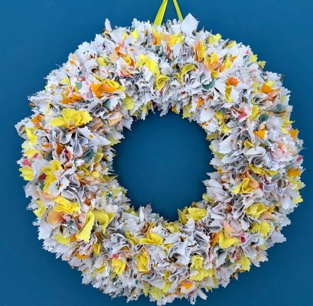 Large Handmade Rag Wreath - Any Season Indoor Decor Shabby Chic Bee Patterned Fabrics Door Or Wall Hanging Quirky Theme - image 1