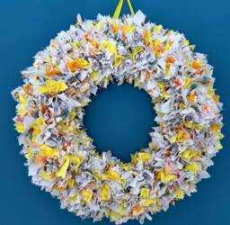 Large Handmade Rag Wreath - Any Season Indoor Decor Shabby Chic Bee Patterned Fabrics Door Or Wall Hanging Quirky Theme