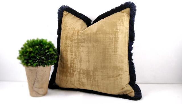 Ochre Blue Red Pink Velvet Cushion Cover Square Mustard Navy Brush Fringe Scatter Throws - image 1