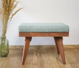 Handmade Mid-Century Modern Blue Ottoman Beech Wood Footstool - thumbnail 1