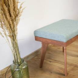Handmade Mid-Century Modern Blue Ottoman Beech Wood Footstool - thumbnail 2
