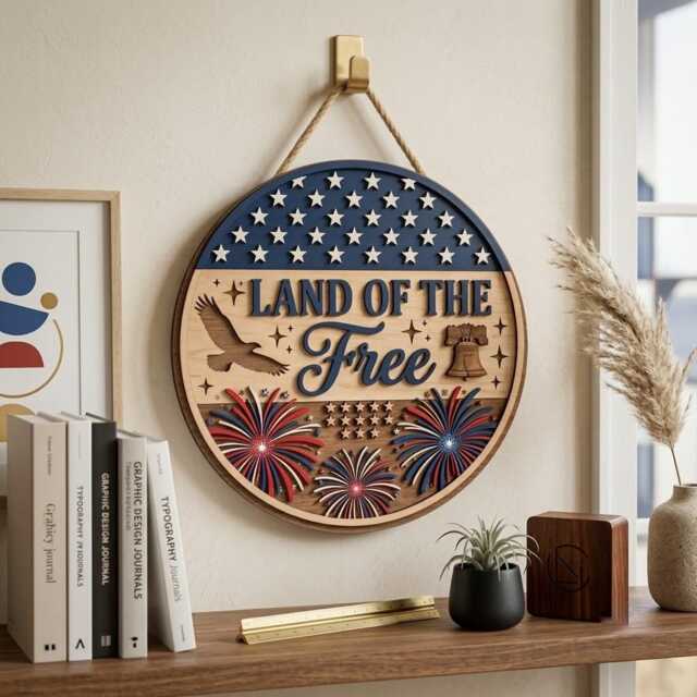 Usa 250Th Anniversary Sign, Land Of The Free Door Hanger, Patriotic Wooden Wall Decor, American Flag Round Fourth July Decor - image 1