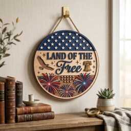Usa 250Th Anniversary Sign, Land Of The Free Door Hanger, Patriotic Wooden Wall Decor, American Flag Round Fourth July Decor - thumbnail 2