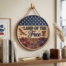 Usa 250Th Anniversary Sign, Land Of The Free Door Hanger, Patriotic Wooden Wall Decor, American Flag Round Fourth July Decor - thumbnail 1