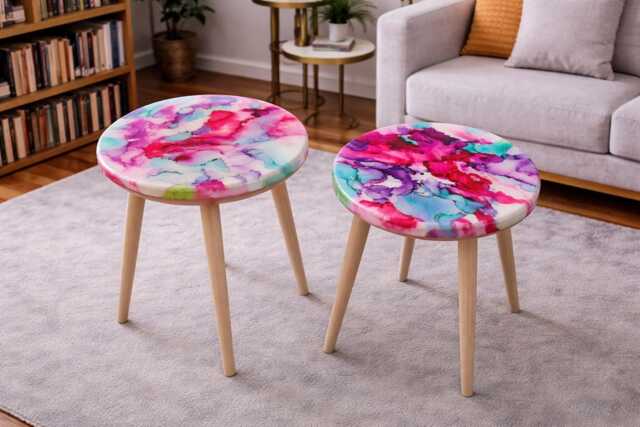 Handmade Resin Art Side Table Pink White Abstract Coffee Table - image 1