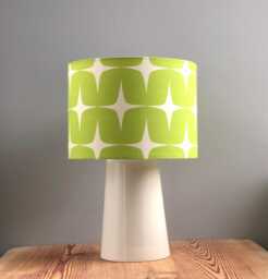 Green Table Lamp With A Retro Motif On The Lampshade. Earthenware Base