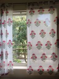 Red Poppy Floral Block Printed Curtains, Bohemian Summer Indian Print, Minimalist Curtain Panels - thumbnail 1