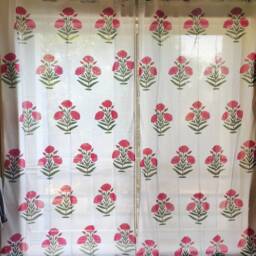 Red Poppy Floral Block Printed Curtains, Bohemian Summer Indian Print, Minimalist Curtain Panels - thumbnail 2