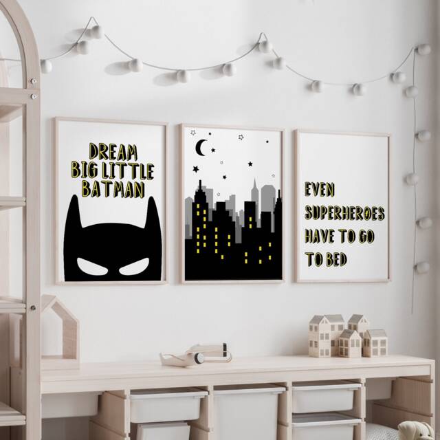 Superhero Prints, Set Of 3 Bedroom Wall Art - Decor, Boys Bedroom, Monochrome Black & Yellow Art 2013 - image 1