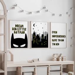 Superhero Prints, Set Of 3 Bedroom Wall Art - Decor, Boys Bedroom, Monochrome Black & Yellow Art 2013 - thumbnail 1