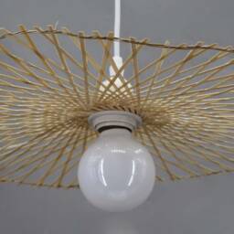Bamboo Pendant Light Flat Round Modern Lighting Fixture - thumbnail 2