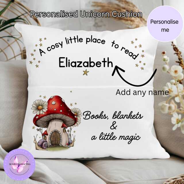 Personalised Whimsical Reading Cushion With Pocket, Kids Book Pillow, Woodland Mushroom Nursery Decor, Custom Name Gift For Children - image 1